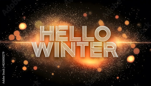 Hello winter text with golden particles, season celebration, social media post template, seasonal banner, generated AI