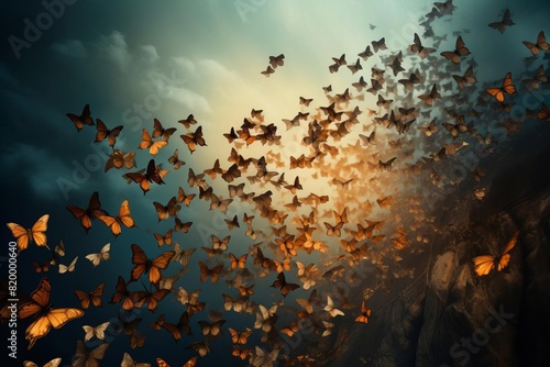 A swarm of butterflies transitioning from one area to another, possibly symbolizing change or migration photo