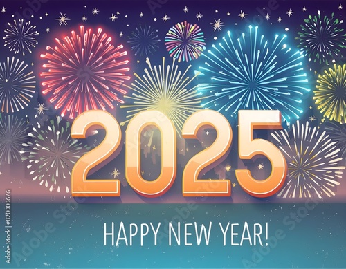 Greeting card Happy New Year 2025 with fireworks, beautiful billboard or holiday web banner, generated AI