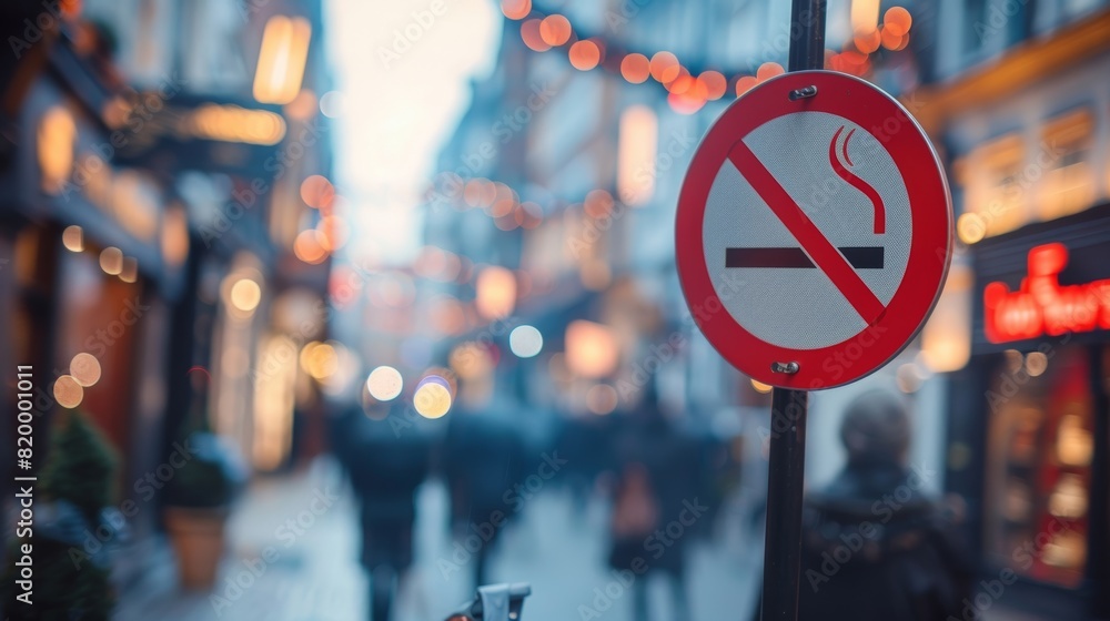 Obraz premium An image showcasing a no smoking symbol up close against a backdrop of a blurry urban street view