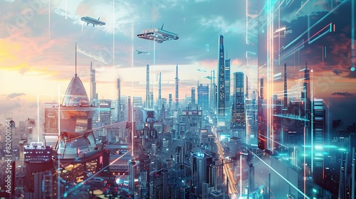 A futuristic city with tall buildings and flying cars.