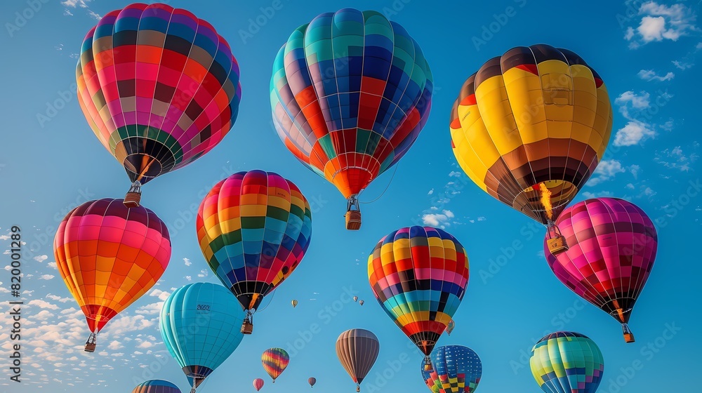 A cluster of colorful hot air balloons, floating against a clear blue sky on a solid background