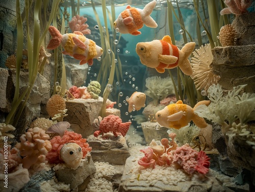 A group of stuffed fish are swimming in a tank with rocks and plants. The fish are of different colors and sizes, and they seem to be enjoying their underwater environment. The scene is playful photo