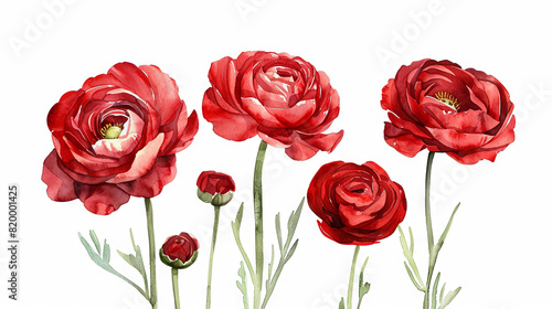 painting watercolor flower background illustration floral nature. Red ranunculus flower background for greeting cards weddings or birthdays. Copy space. 