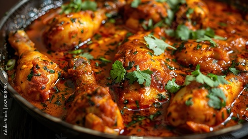 A bowl of chicken tikka masala, an Indian dish with chicken in a creamy tomato sauce.