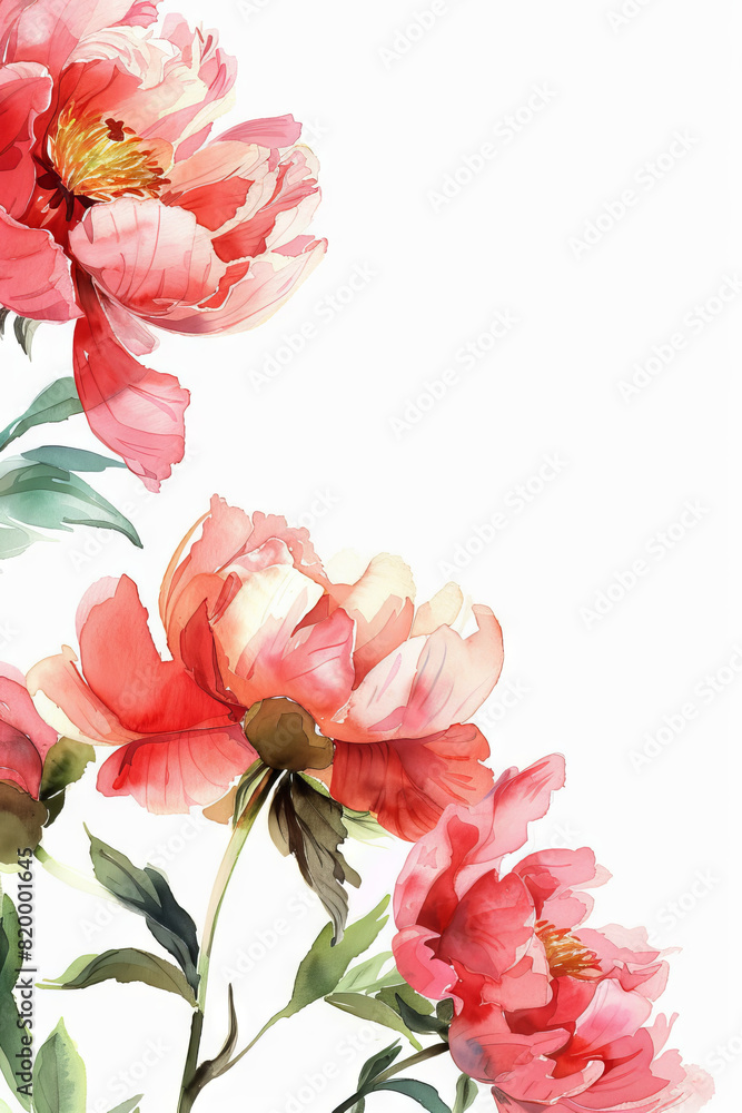 painting watercolor flower background illustration floral nature. Red peons flower background for greeting cards weddings or birthdays. Copy space. 