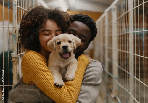 Happy young couple with cute puppy in animal shelter, hugging and smiling while looking at the dog inside cage.
