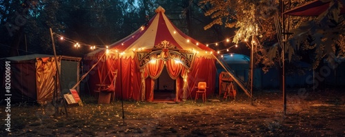 Old mysterious circus tent at night a Bible among retro costumes and props