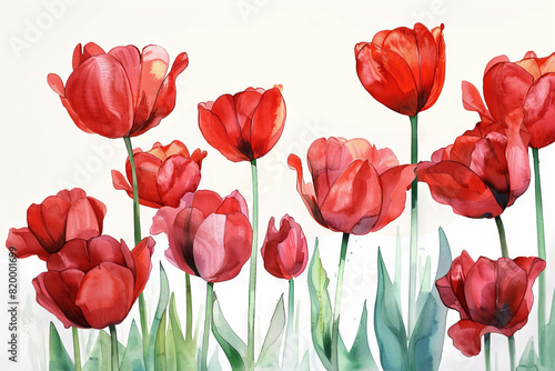 painting watercolor flower background illustration floral nature. Red tulips flower background for greeting cards weddings or birthdays. Copy space. 