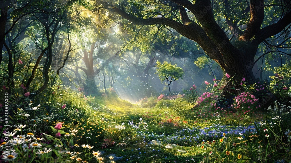 A lush green forest with tall trees, green grass, and a variety of flowers. The sun is shining through the trees.