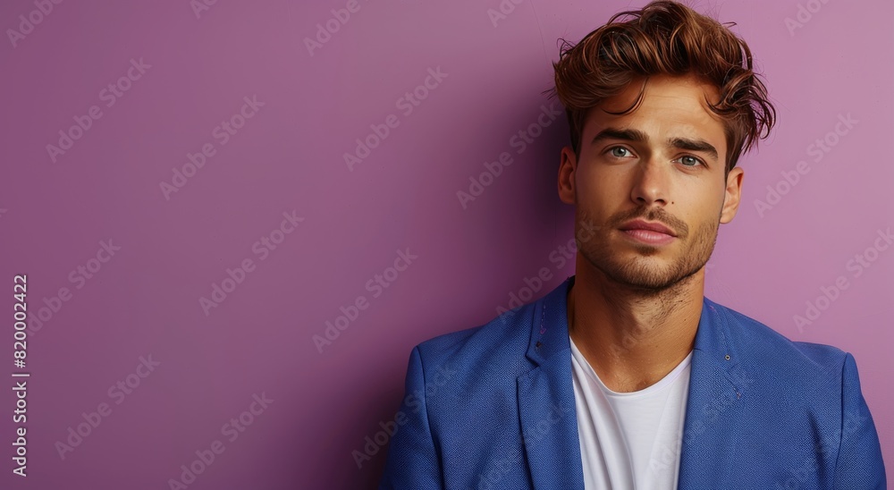 Fototapeta premium Man in Blue Jacket Leaning Against Purple Wall
