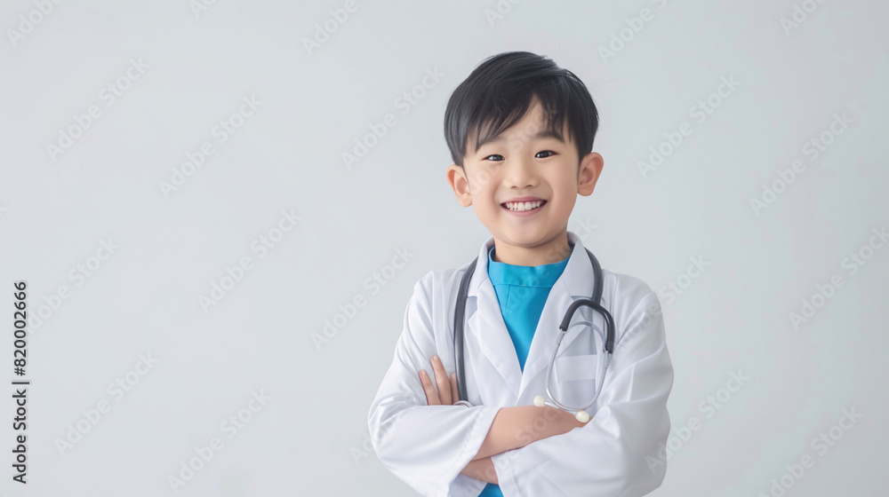 A cute happy smiling young Asian boy dresses like a doctor wearing stethoscope on a plain white background with copy-space for text. A cute happy smiling young Asian boy dresses like a doctor wearing stethoscope on a plain white background with copy-space for text.