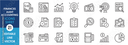 A set of outline icons related to audit, finance, and accounting. Vector line icons with tax, graph, money, calculations and so on.