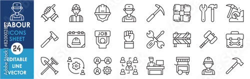 A set of line icons related to Labor. Vector outline icons for labor day. Labour, work, tools, schedule, job and so on.