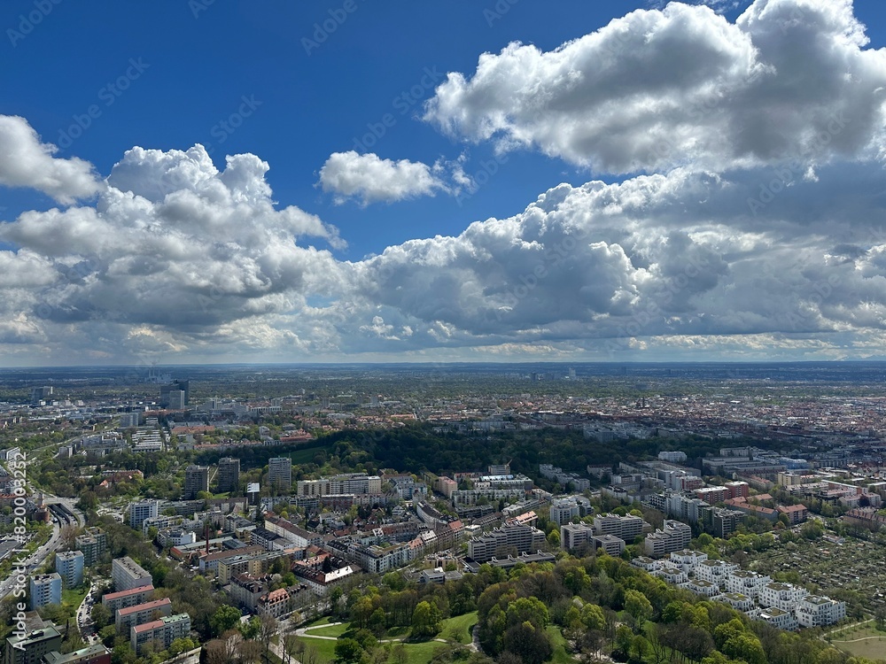 Obraz premium Panoramic View with the Olympic Tower (Olympiaturm) from the Olympic Park (Olympiapark München) in Munich, Germany