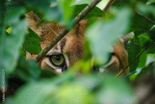A close-up portrait of a cougar  mountain lion  in jungle habitat  looking directly at the camera. Horizontal. Space for copy.