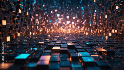 Futuristic artwork, Cubic blocks amid data fields, blending blockchain and AI concepts. © xKas