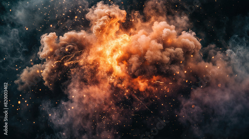 A dramatic explosion with fire  smoke  and sparks filling the frame against a dark background.