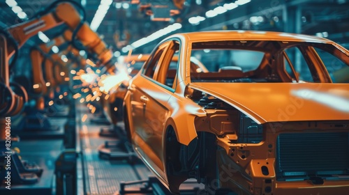 A hightech factory showcases innovation in car production through the use of robots for efficient assembly and precise welding. Automated technology demonstrates advancements in manufacturing © YURIMA