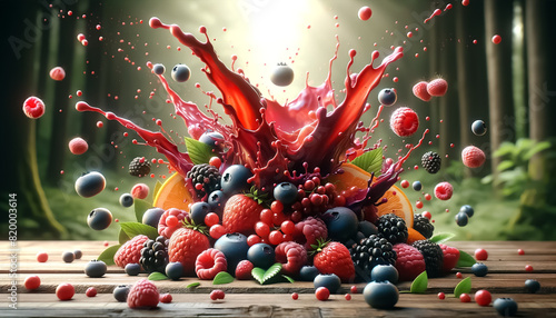 Forest fruit juice splashes and assorted berries in mid-air. Dynamic, advertisement shot photo