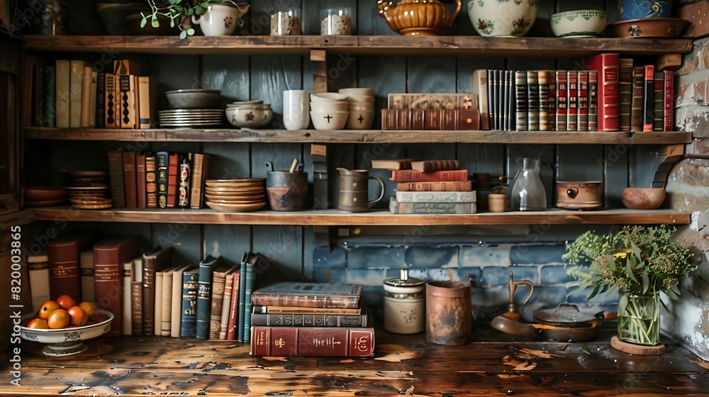 A collection of vintage cookbooks lines the shelves of a cozy kitchen nook, their well-worn pages filled with treasured family recipes and culinary inspiration.