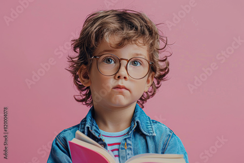 a young student with glasses, deeply immersed in a fascinating story, standing before a pink backdrop that echoes his bright imagination brought to life by the adventure in the pages. photo