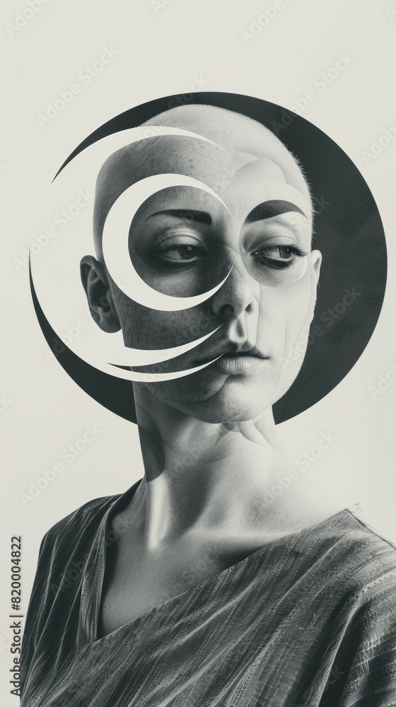Black-and-white portrait of a woman with geometric facial designs, set against a minimalist background Circular and geometric shapes. Fashion photography magazine Black-and-white portrait of a woman with geometric facial designs, set against a minimalist background Circular and geometric shapes. Fashion photography magazine