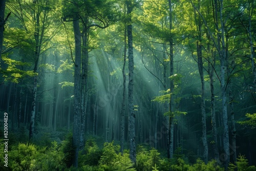 A forest canopy with sunlight filtering through  highlighting the beauty of untouched nature