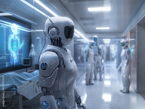 A robot is standing in a hospital hallway with other robots. The robot is wearing a white suit and has a blue sticker on its chest. The robots are all white and appear to be in a futuristic setting