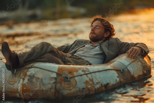 Man lying comfortably on a wooden raft, enjoying leisure time on the water