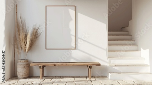A white staircase leads to a room with a wooden bench and a white framed picture
