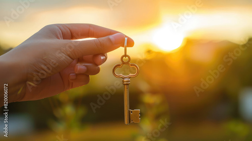 A hand holding a vintage key against a warm