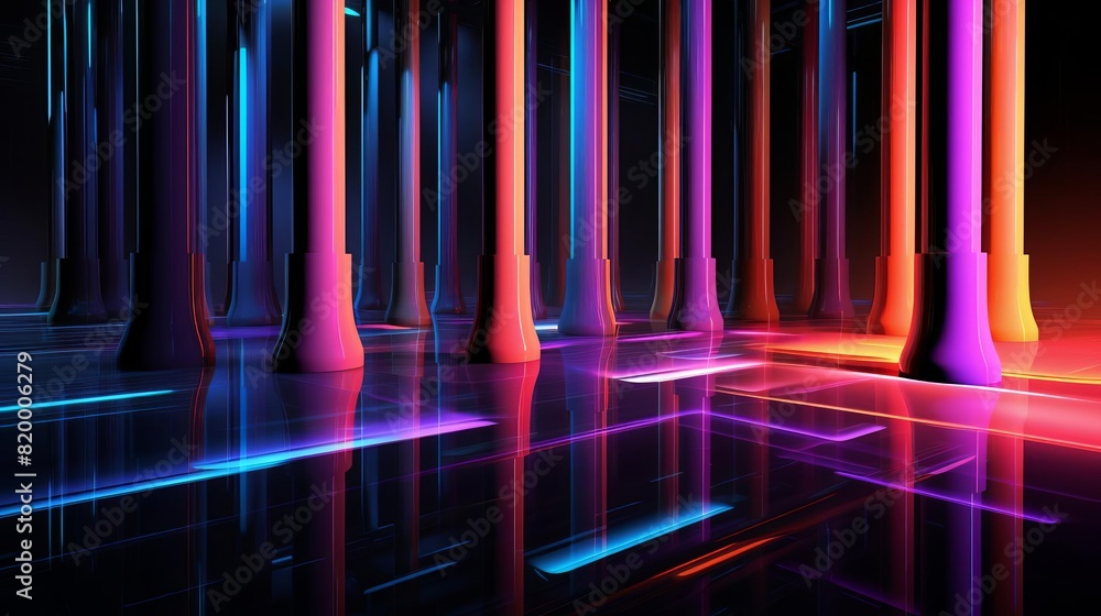 Fototapeta premium Abstract neon pillars in a reflective space