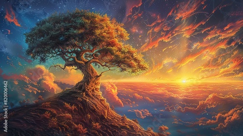 A digital painting of a large tree with many branches. The tree is in front of a setting sun and is surrounded by long grass.