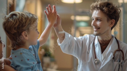 A doctor is giving a high five to a child photo