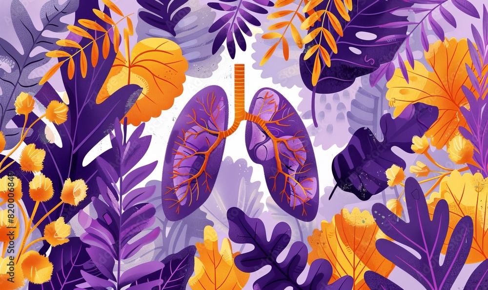 Illustration of lungs surrounded by plants, purple and orange color palette Illustration of lungs surrounded by plants, purple and orange color palette