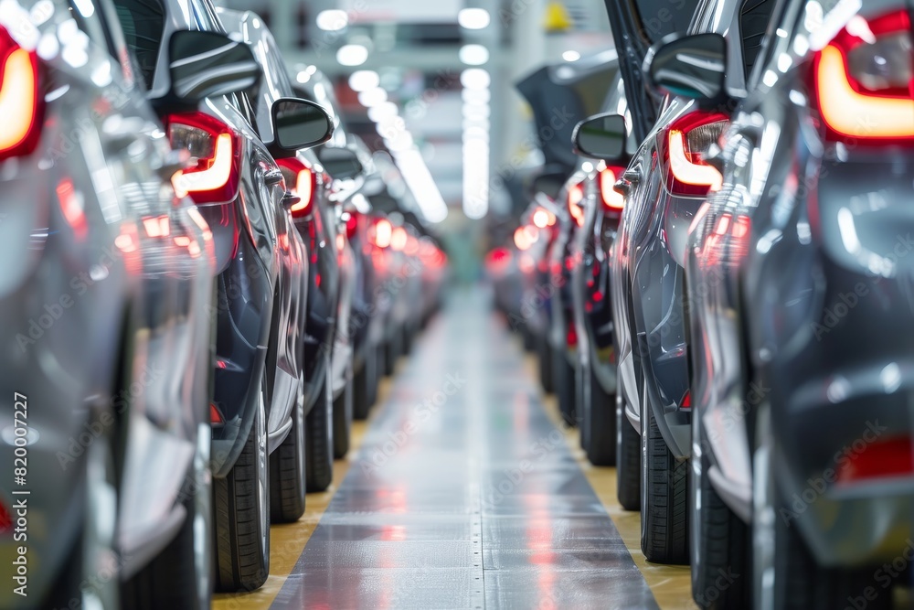 Obraz premium Modern car assembly line showcases innovation and technology for efficient mass production of automotive vehicles in a manufacturing plant, combining precision engineering with automation