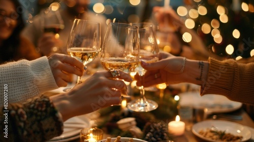 A group of people are celebrating a holiday by raising their wine glasses photo
