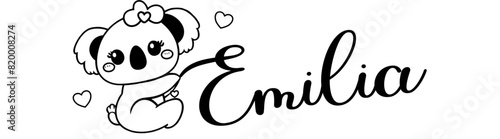 Emilia - black color - name written - Word with Koala kawaii for websites, baby shower, greetings, banners, cards-shirt, sweatshirt, prints, cricut, silhouette, sublimation