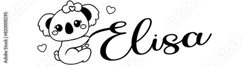 Elisa - black color - name written - Word with Koala kawaii for websites, baby shower, greetings, banners, cards-shirt, sweatshirt, prints, cricut, silhouette, sublimation