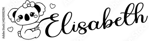 Elisabeth - black color - name written - Word with Koala kawaii for websites, baby shower, greetings, banners, cards-shirt, sweatshirt, prints, cricut, silhouette, sublimation