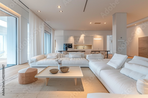 Scandinavian interior design of modern spacious living room. Cre