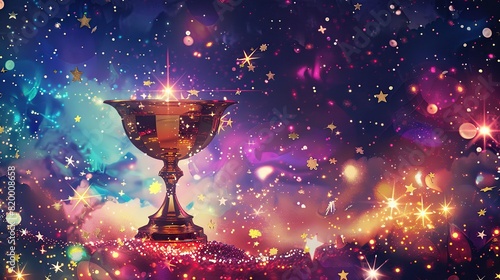 A golden goblet with stars and sparkles on a blue background.