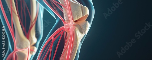 A diagnostic illustration with a red line in the anterior right thigh, representing the crural nerves, providing clarity on ligament and bone alignment for medical evaluation photo