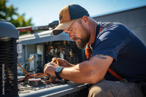 A technician working on an air conditioning unit outdoors.