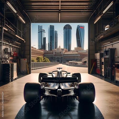 Illustration created by IA showing a racing car in a garage, ready to hit the track at the 2025 Madrid GP