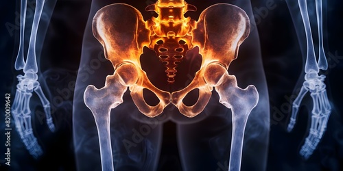 Person with pelvic fracture showing signs of difficulty standing and walking. Concept Pelvic Fracture, Injury Symptoms, Difficulty Standing, Difficulty Walking, Fracture Recovery photo