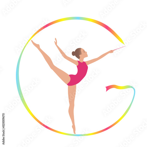 Artistic Sport Dance Performance. Girl gymnast with ribbon in rainbow colors in the shape of the letter G.
