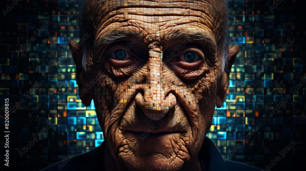 An elderly man with a digitally pixelated face