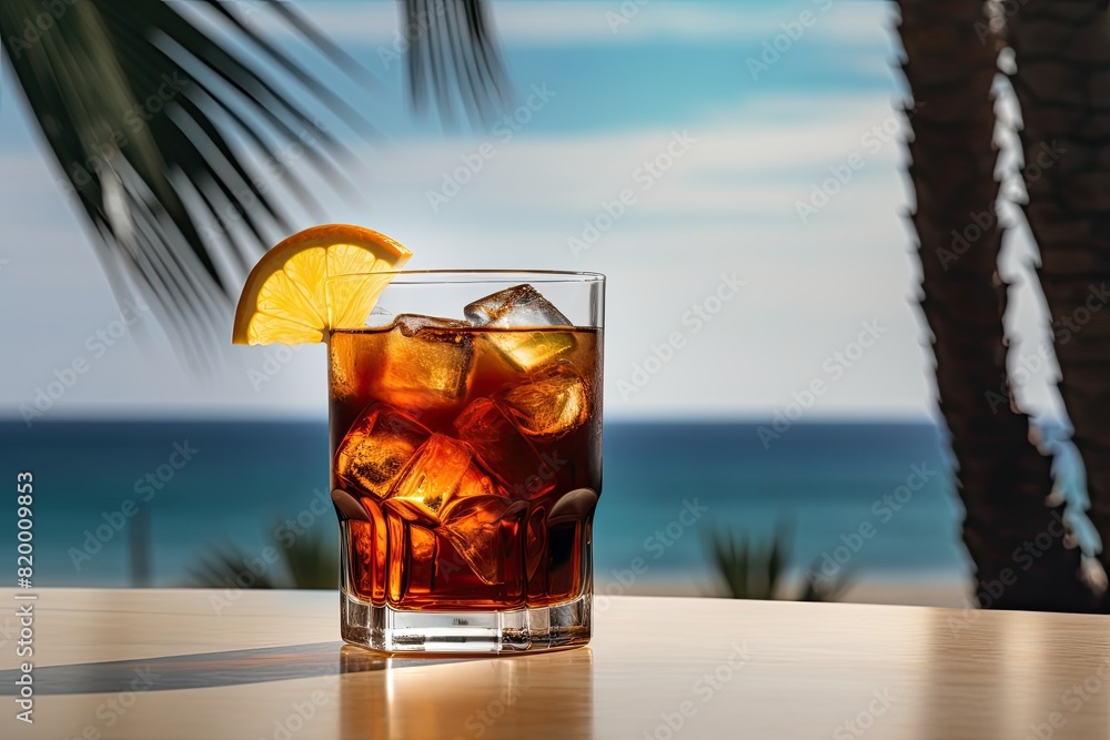 Exotic summer cocktails sandy beach in the background Exotic summer cocktails sandy beach in the background